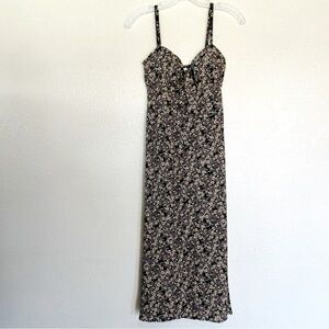 Black Floral Smocked Bodice Sweetheart Neckline Midi Sundress Women's Size M